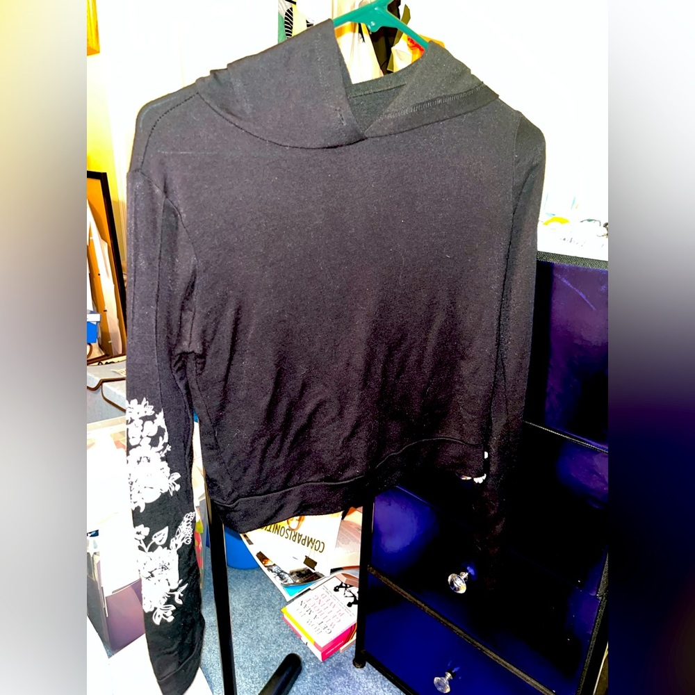 Women’s Black Lightweight Hoodie with Floral Sleeves - size small